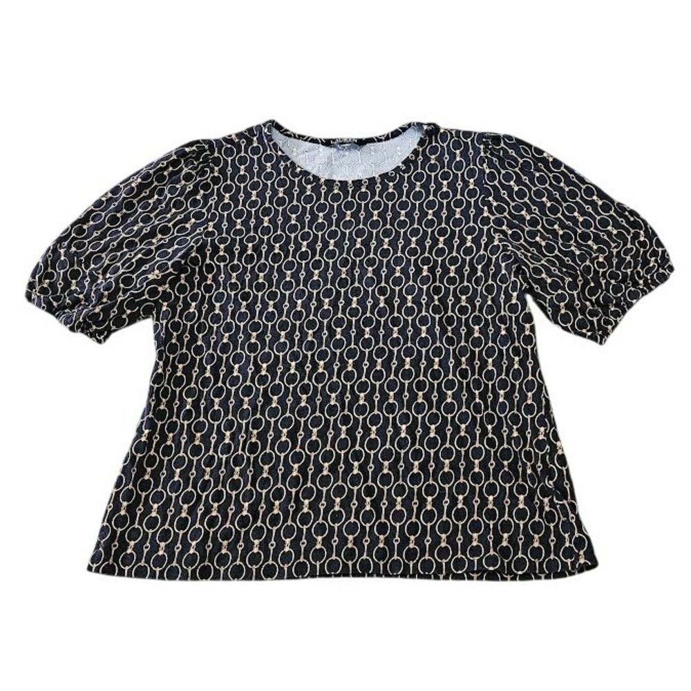 Lauren Ralph Lauren Blouse Women Small Black Gold Interlocking Chain Shirt